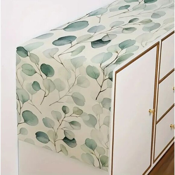 Table Runner 13x72in Linen Green Eucalyptus Leaves Stems - Picture 2 of 3
